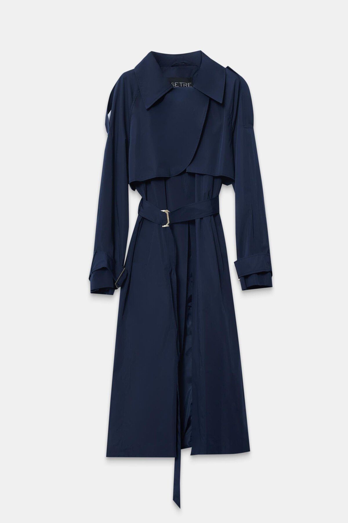 Setre-Navy Blue Shirt Collar Asymmetrical and Button Detailed Long Trench Coat with Belt 1