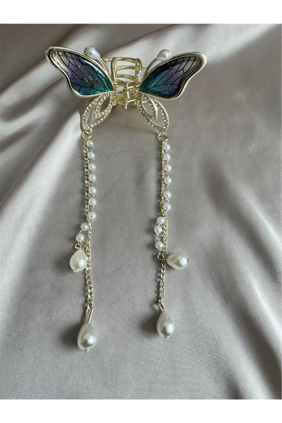 Pelin Aksesuar-Variegated Patterned Butterfly Pearl Dangle Buckle 4