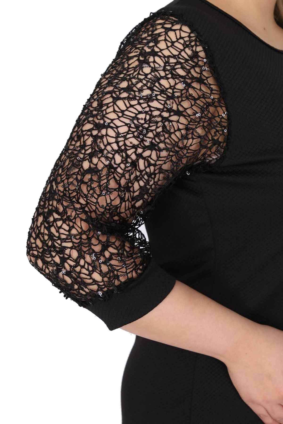 modayız-Sequined Mesh Sleeve Plus Size Dress 7b-0520 4