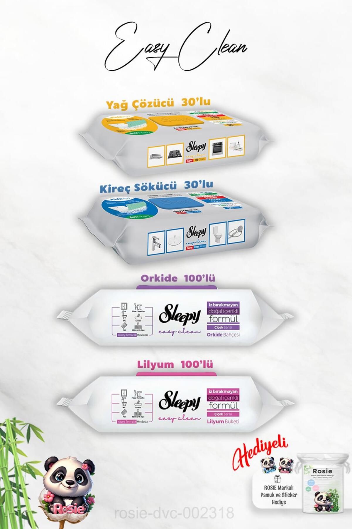 Sleepy 100'lü Lilyum ve Orkide, Kireç ve Yağ Çözücü 30'lu Temizlik Havlusu ve Rosie Hediye