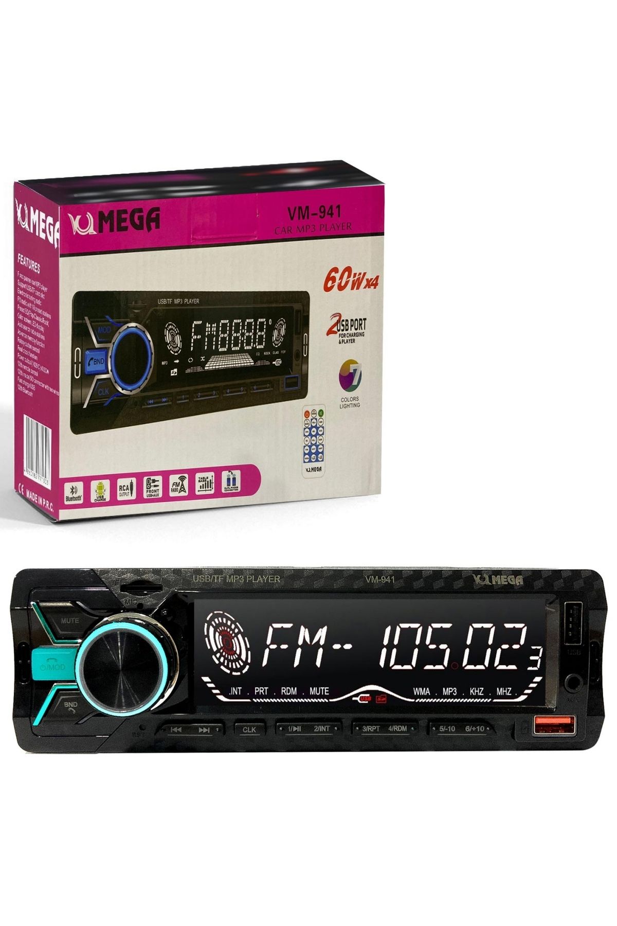 MEGA 4X60 Watt 7 Renkli  Büyük Ekran 2xUsb Sd Fm Aux Bluetooth Oto Teyp  MEGA VM-941