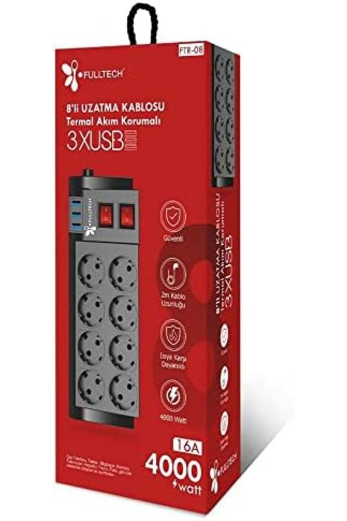 STOREMAX ysftex FTR-08 Kablo Uzunluğu, 2 Metre USB - 3 x Priz - 8 x Karşı Dayanıklı, Priz, Isıya 8'li G