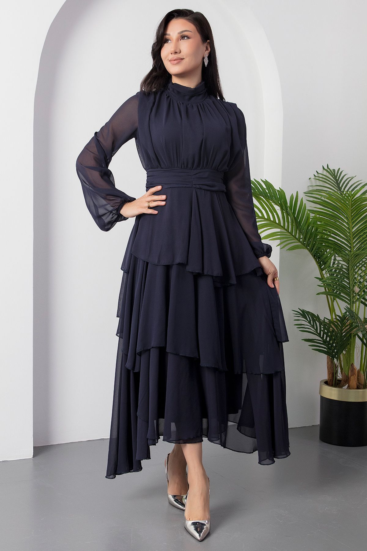 PULLIMM-Stand Collar Long Sleeve Flounce Chiffon Dress Dks1010 3