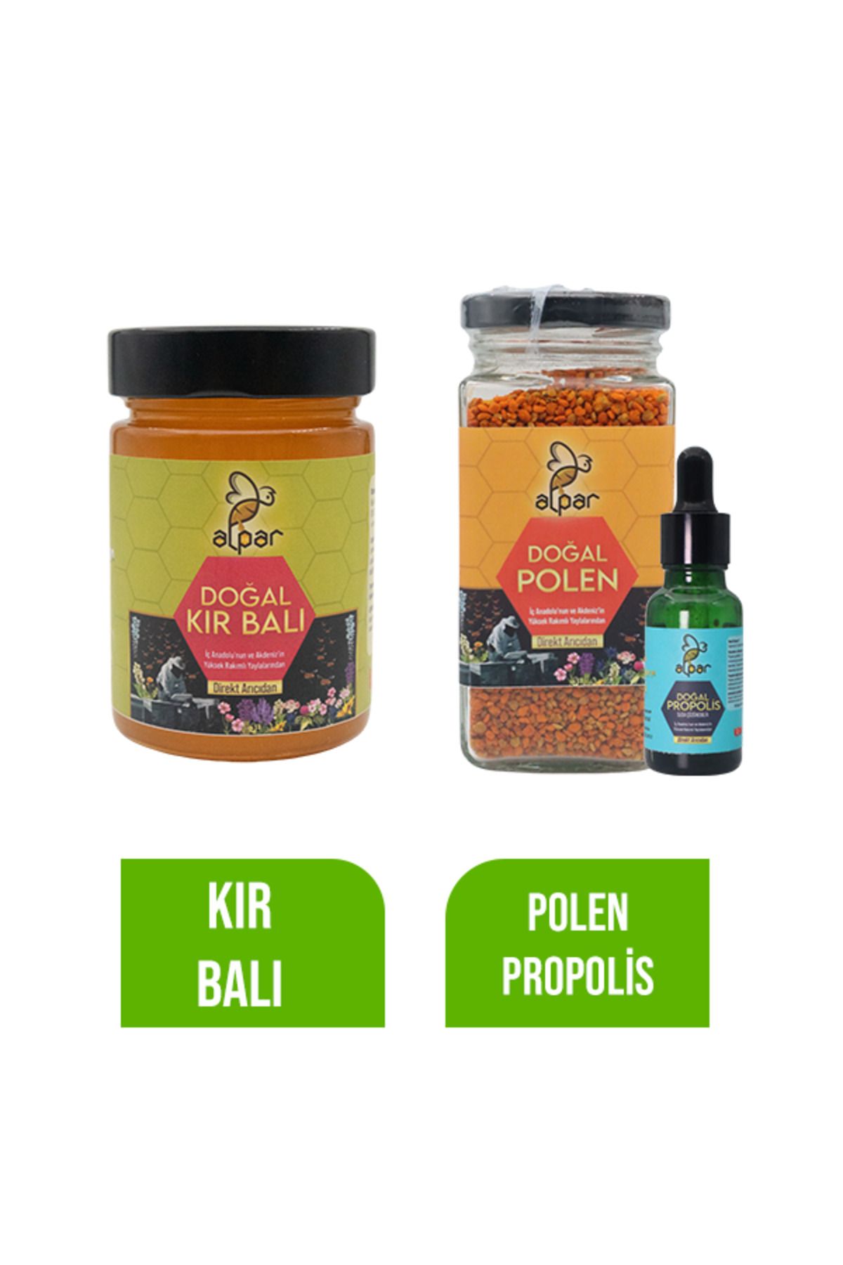 ALPARBALL Alpar Bal Doğal Kır Balı 450gr - Taze Polen 200gr - Doğal Propolis 20cc