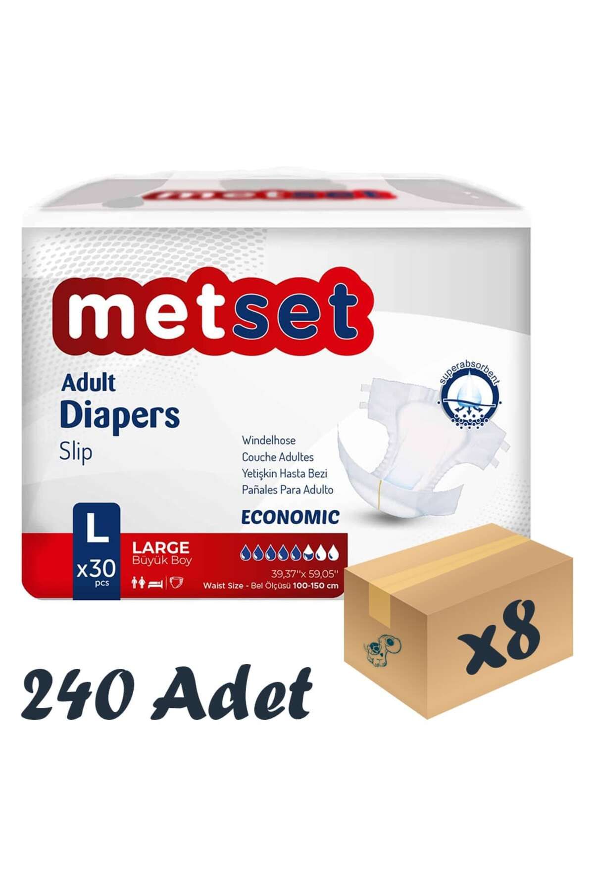 Metset Ekonomik Bel Bantlı Yetişkin Hasta Bezi 5,5 Damla Large Büyük Boy 30'lu 8 Paket 240 Adet