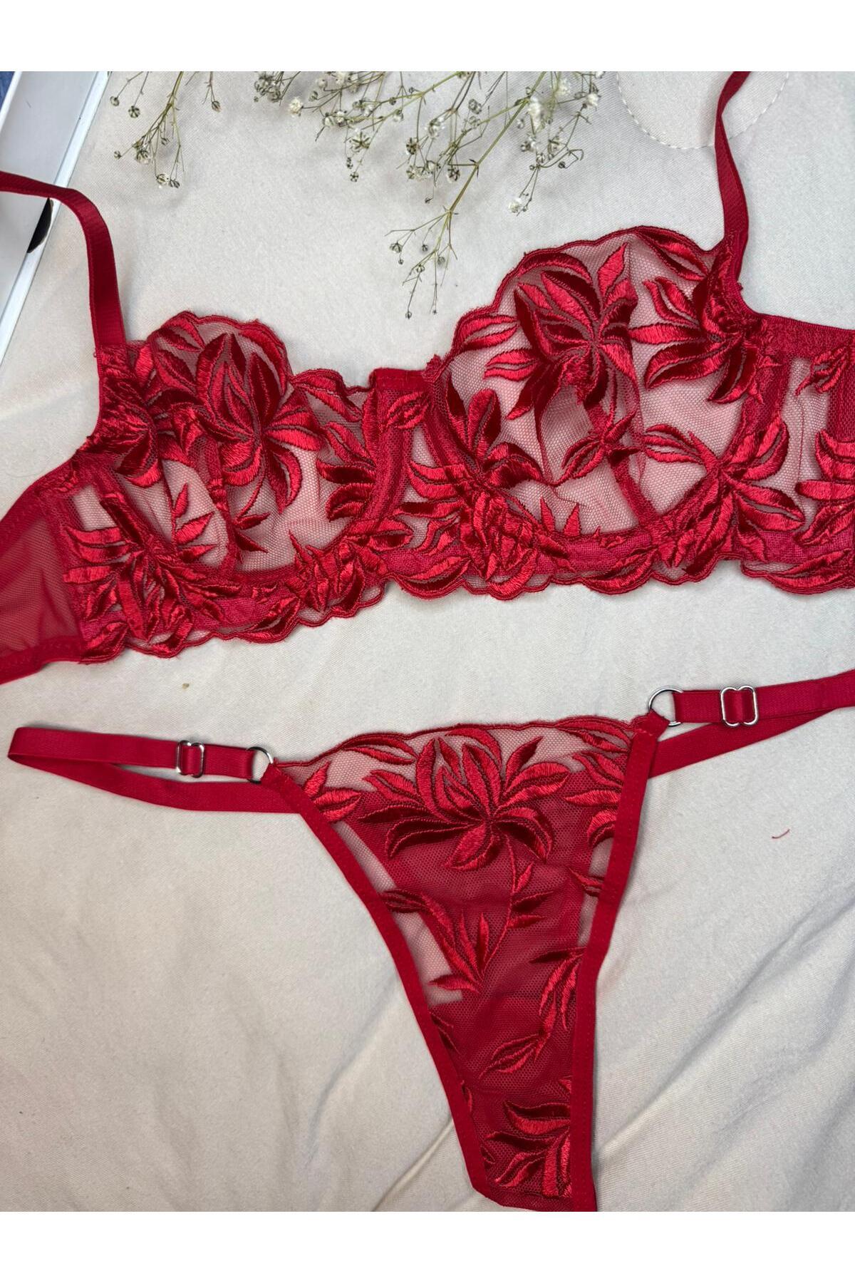 ROZENİN LINGERIE-Red Floral Lace Transparent Cupless Tulle Bra Set (Bra Thong) 3