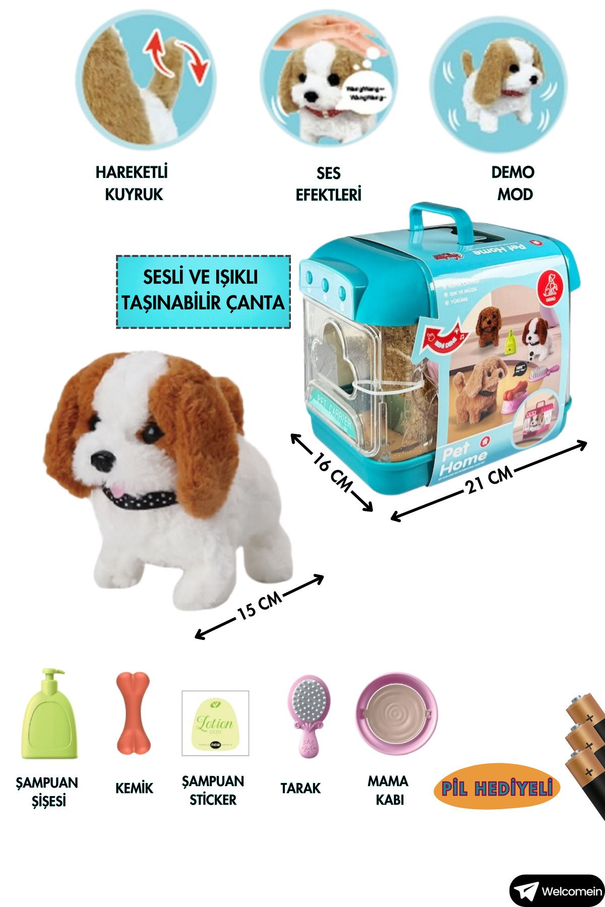 welcomein Oyuncak Sesli Işıklı Yürüyen Hareketli Köpek Taşıma Çantalı Aksesuarlı Set  Taşınabilir Çanta +Pil🎁