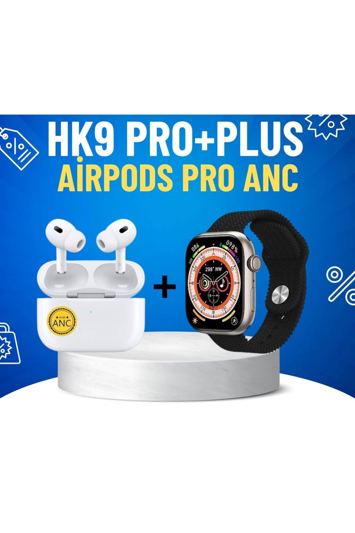 asfteknoloji İkili Set HK9 Pro+Plus 45mm Amoled Ekran 3 Kordon+AirPods Pro ANC