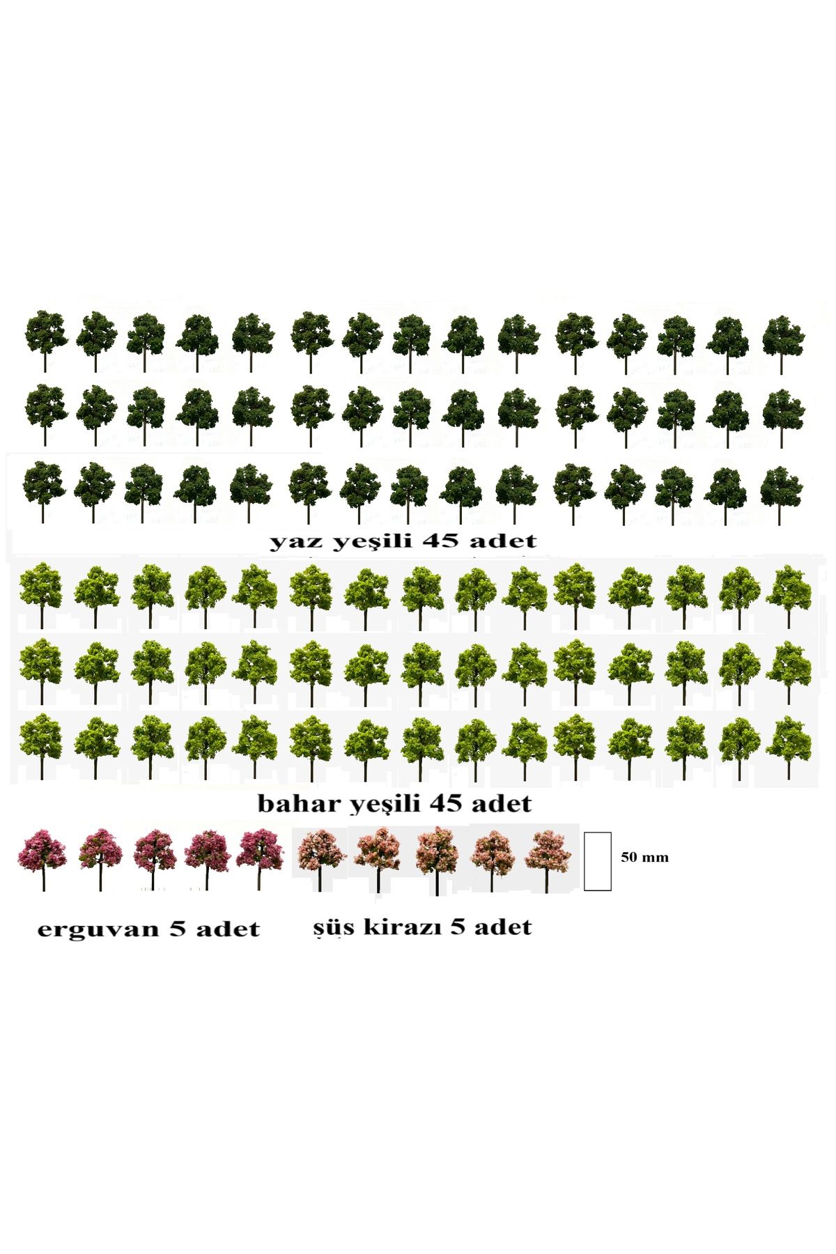 maketsunum Toptan alışveriş fırsatı 100 adet 50 mm karışık maket ağaç