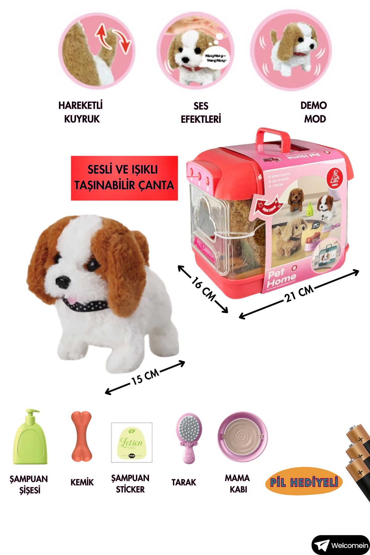 welcomein Oyuncak Sesli Işıklı Yürüyen Hareketli Köpek Taşıma Çantalı Aksesuarlı Set  Taşınabilir Çanta +Pil🎁