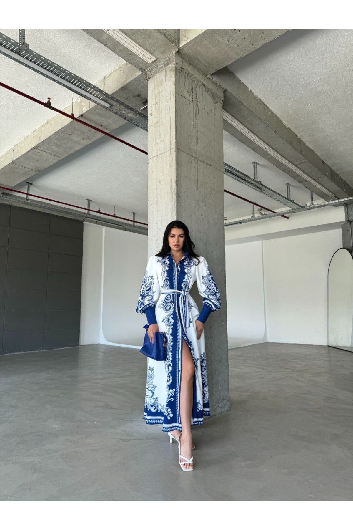 Imported Babel Fabric Shirt Model Button Detailed Blue Dress (BELT INCLUDED)