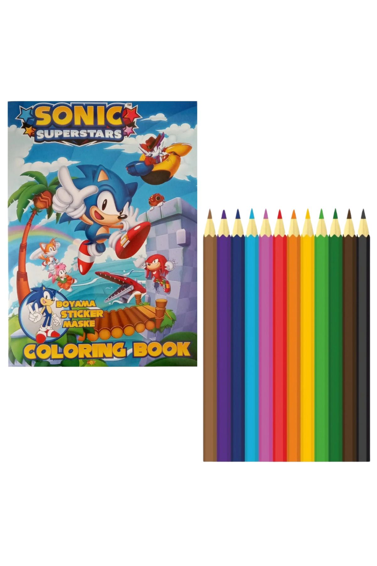 booddie Sonic Superstars Boyama Kitabı Stickerlı (Arka Kapak Kesilerek Maskeli ) 12'li Kuru Boya Kalemi