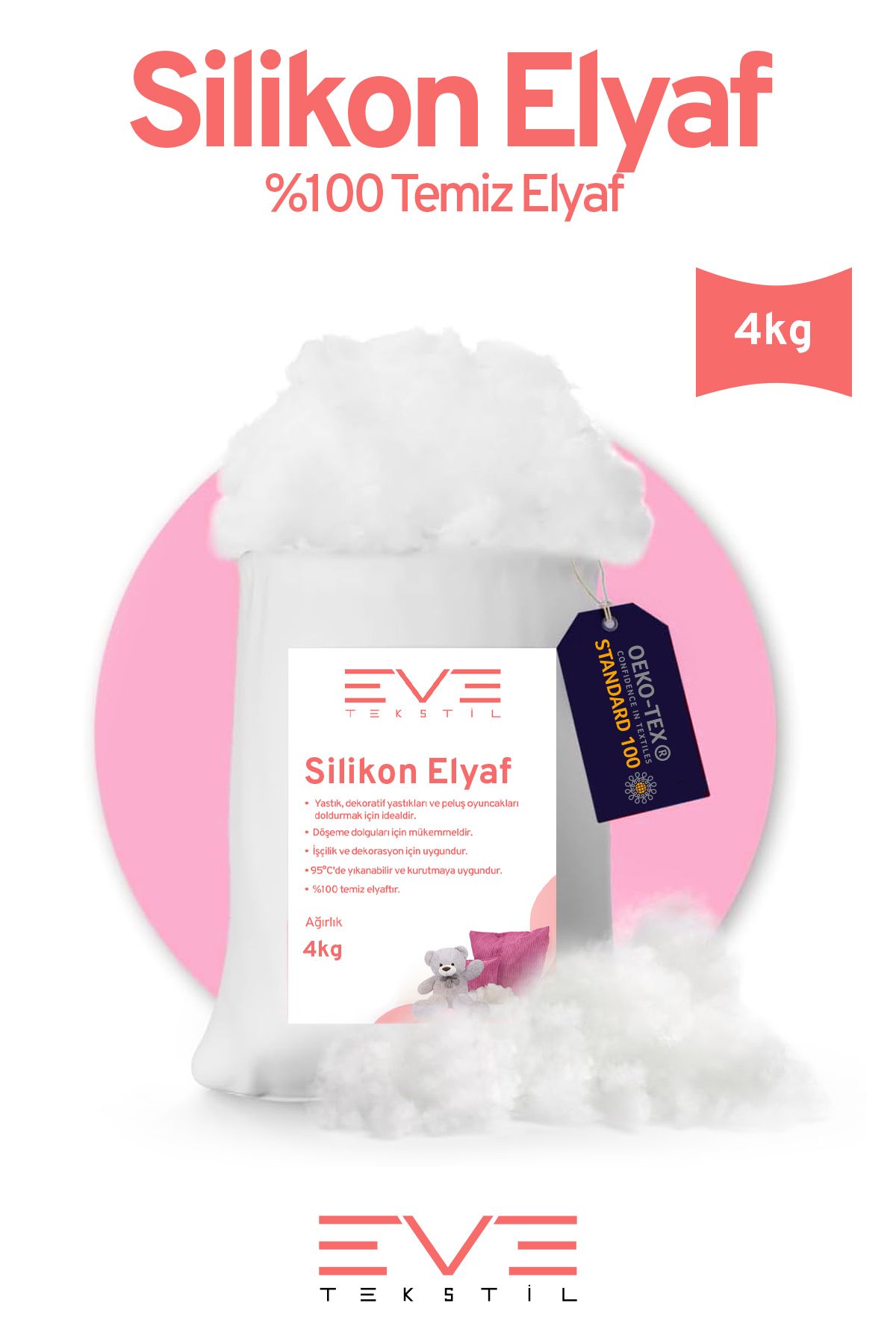 Eve Tekstil Yastık Yorgan Oyuncak Dolum Malzemesi Antialerjik Yapışmaz 1.Kalite %100 Temiz Silikon Elyaf 4 Kg