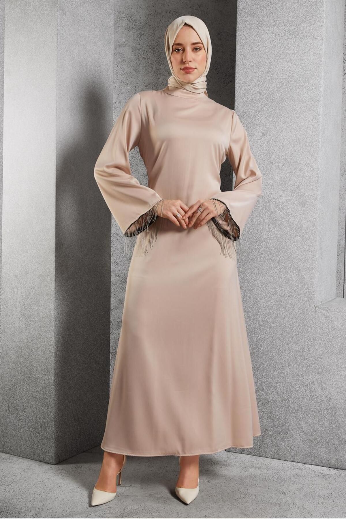 TRENDTESETTÜR-Beige Satin Women's Evening Dress - t 5744 1