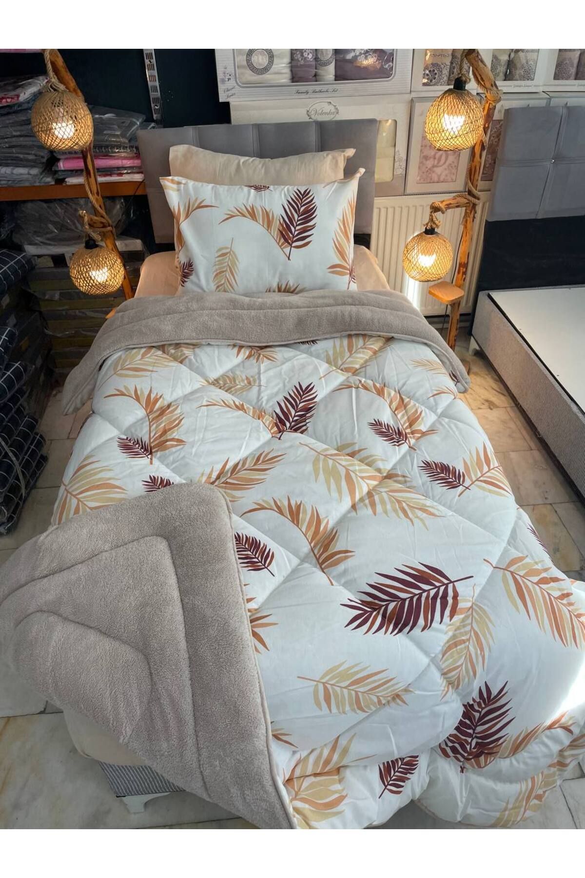 Sudemhome-Welsoft Single Soft Sleeping Set - Double Sided, Beige Feather (with Elastic Scarf) 6