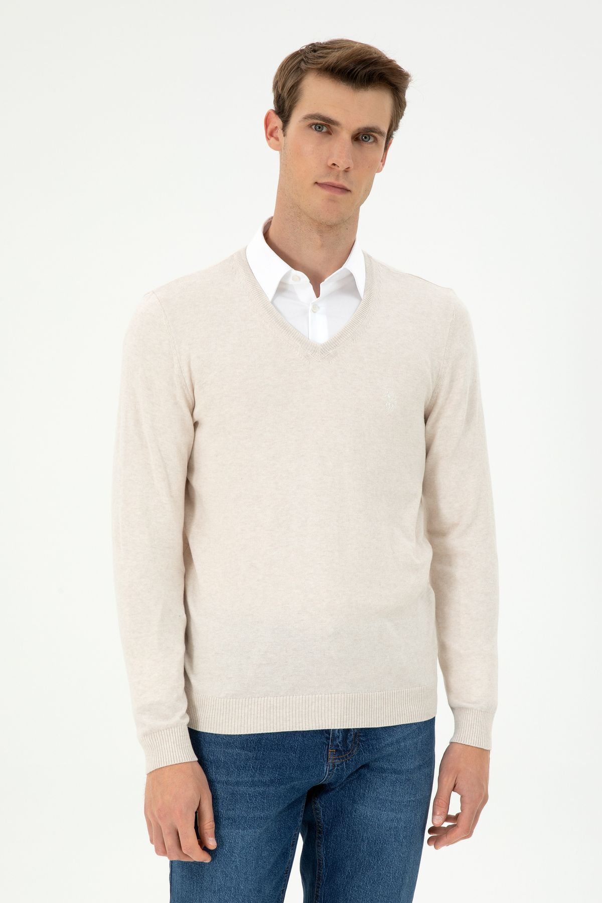 U.S. Polo Assn.-Men's Cream Melange Basic Sweater 50294764 -Vr159 1