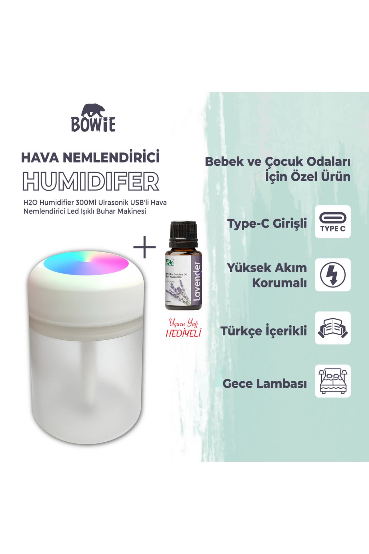 Bowie Çocuk ve bebek odaları için hava nemlendirici buhar makinası Işıklı gece lambası humidifer difüzör