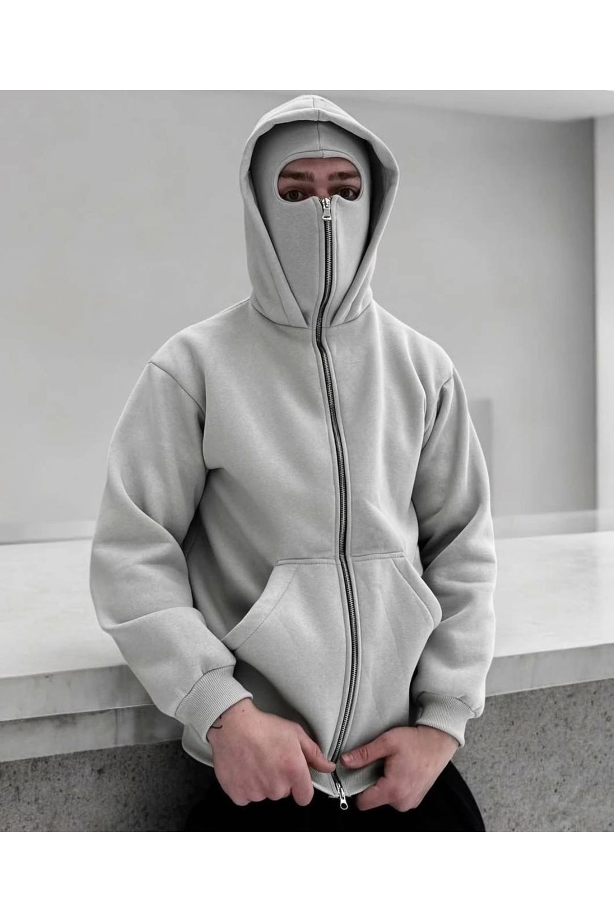 gies Gri Maskeli Polar Sweat (Üç İplik,Şardonlu),Maskeli Sweatshirt - Çift Cepli - New Season