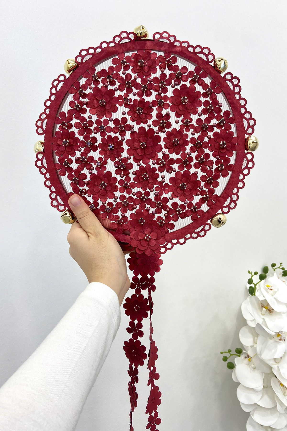 ZEYMERADE Bordo Çiçekli Parlak Taşlı Gelin Tefi, Düğün Kına Söz Sünnet Bekarlığa Veda Bride Zilli 25cm, 1 Adet