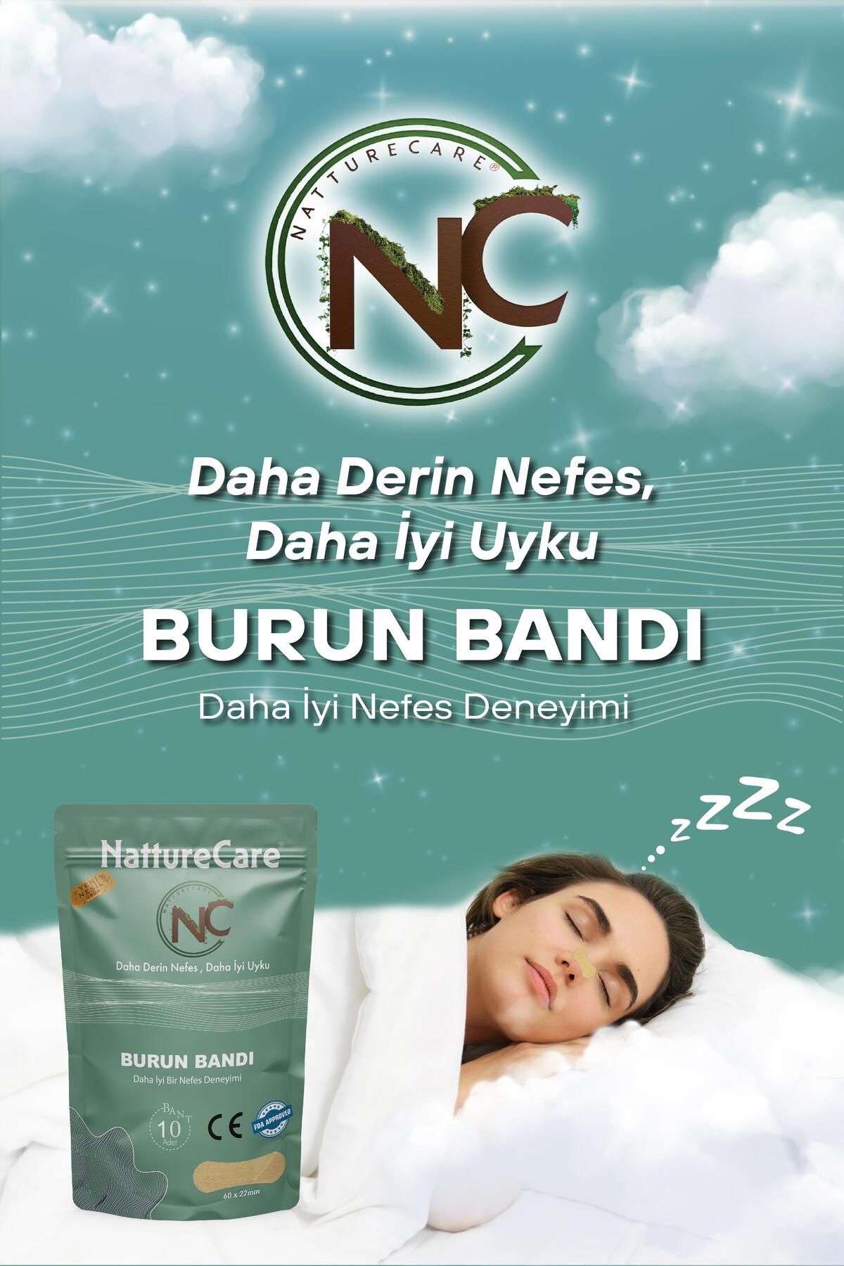 NC Natturecare Yeni Nesil Nefes Almaya Yardımcı Ve Horlamayı Azaltan Burun Bandı 10'lu Yuvarlak 60*22 Skın