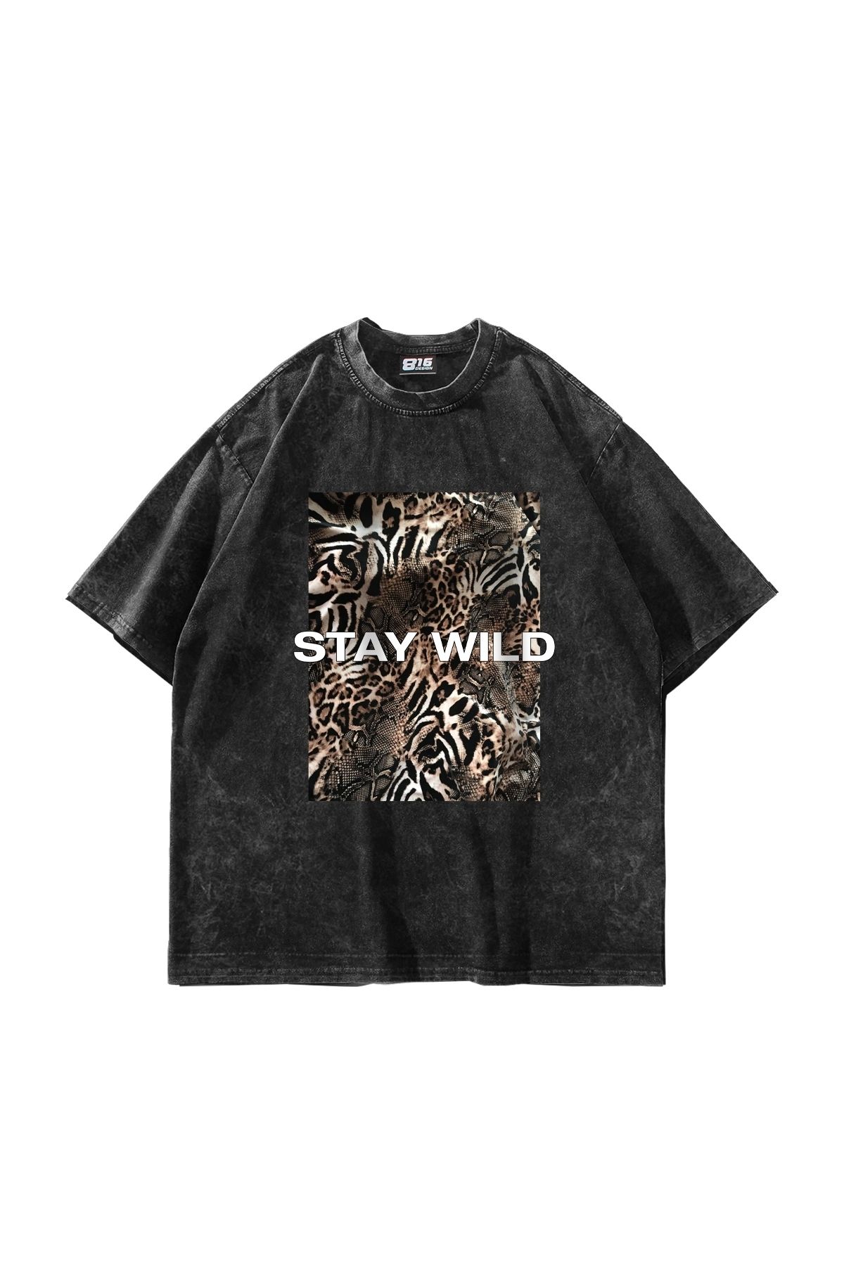 Tarzsokak Stay Wild Leopar Baskılı 24/1 Oversize Unisex Yıkamalı Siyah