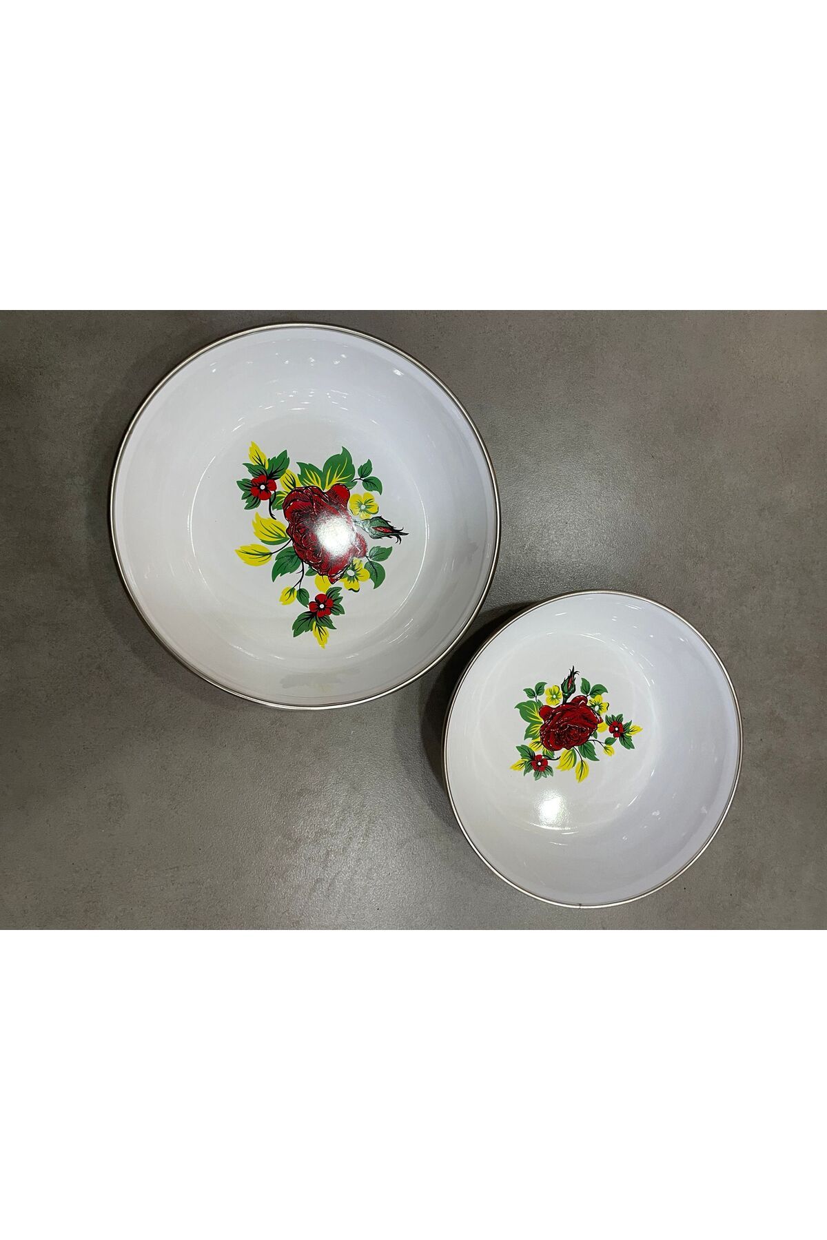 Veliday Emaye Zırhlı Muhallebi Kase 22 Cm ve 20 cm İkili Set Desenli Yemek Kahvaltı Desenli Salata Cips