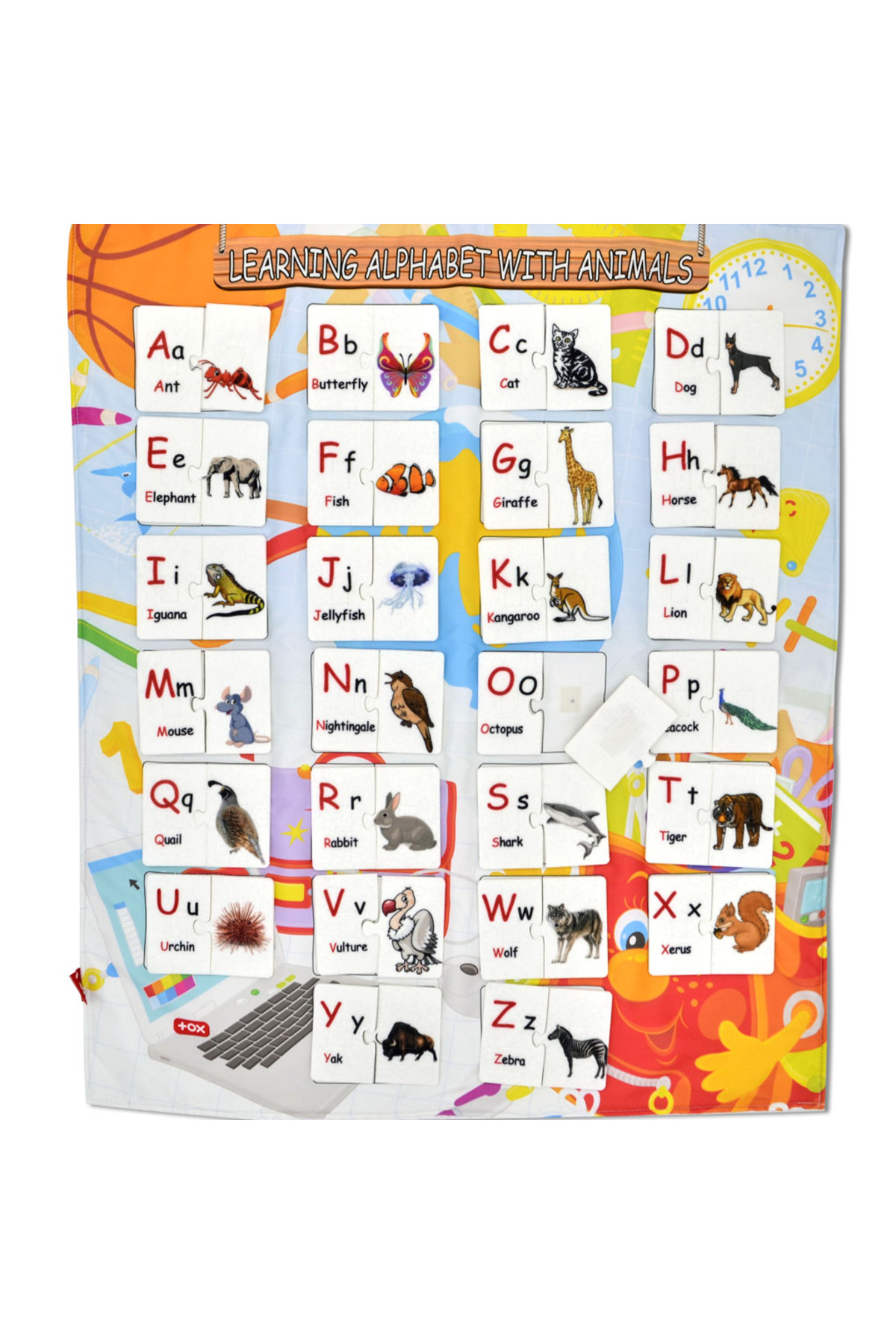 تخته دیواری آموزشی نمدی با ولکرو، جورکردنی حروف الفبا و حیوانات کامل، اسباببازی آموزشی