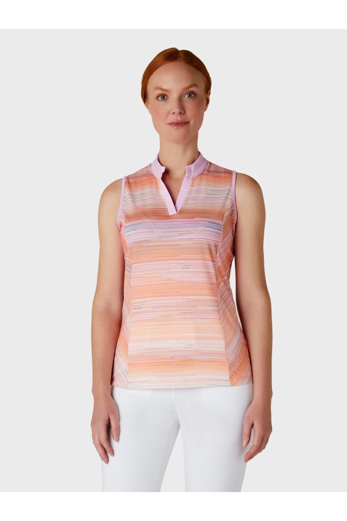 Callaway Striped SL Chev Placket Kolsuz Kadın Tshirt