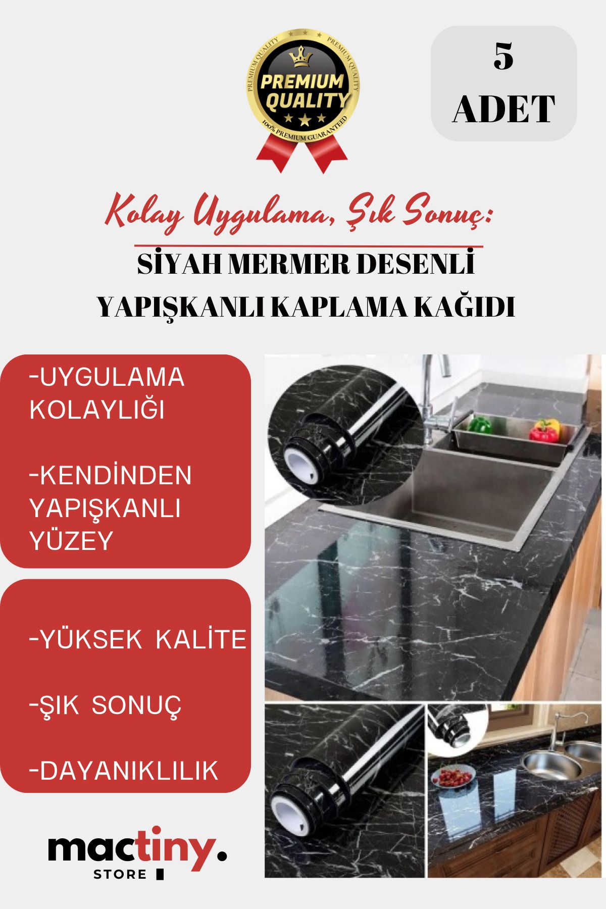 Mactiny Premium Ürün Kaliteli Sağlam Pratik Dayanıklı Siyah Mermer Desenli Yapışkanlı Kaplama Kağıdı