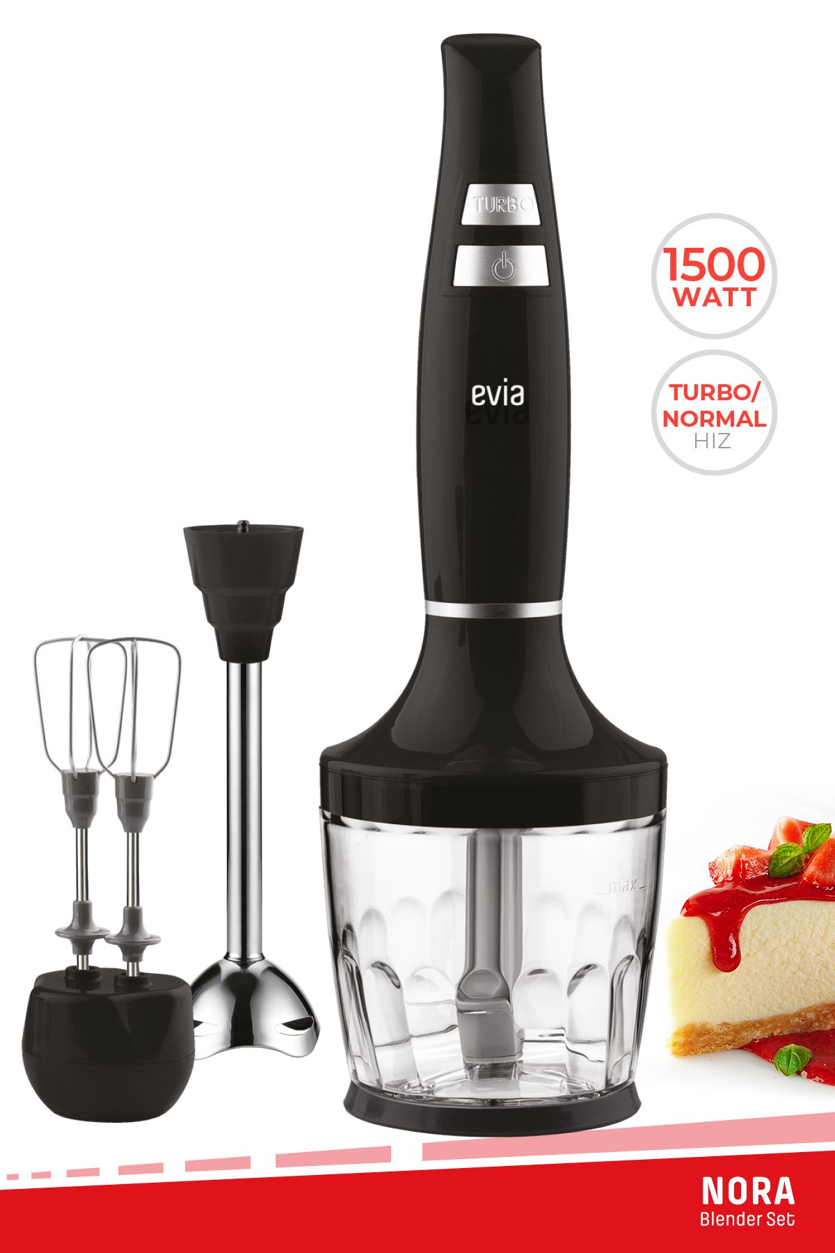 Evia Nora 1500 Watt Sessiz Hız Ayarlı 3 In 1 Doğrama Karıştırma Blender Seti