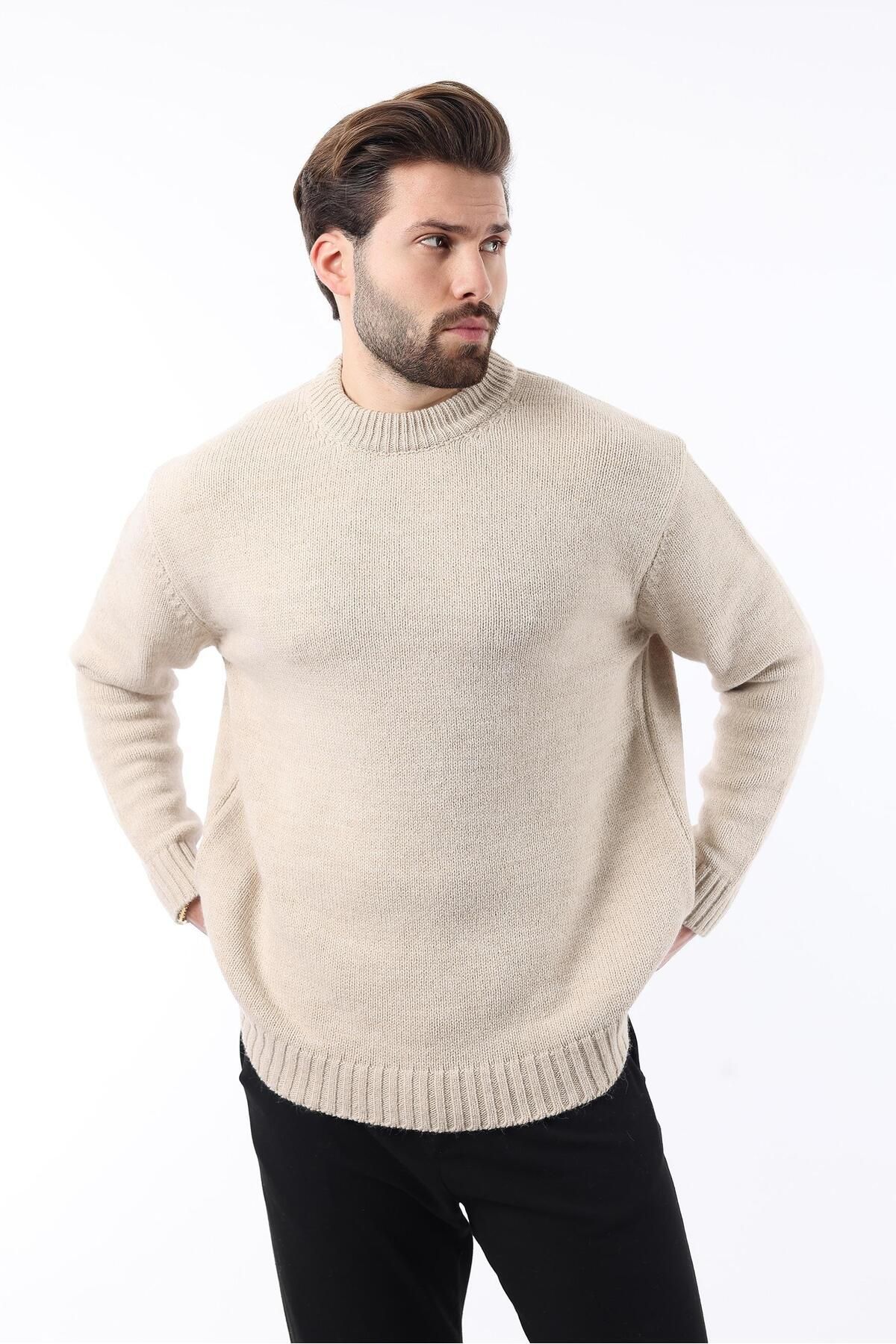 Madmext-Beige Crew Neck Overfit Men's Knitwear Sweater E7402 3