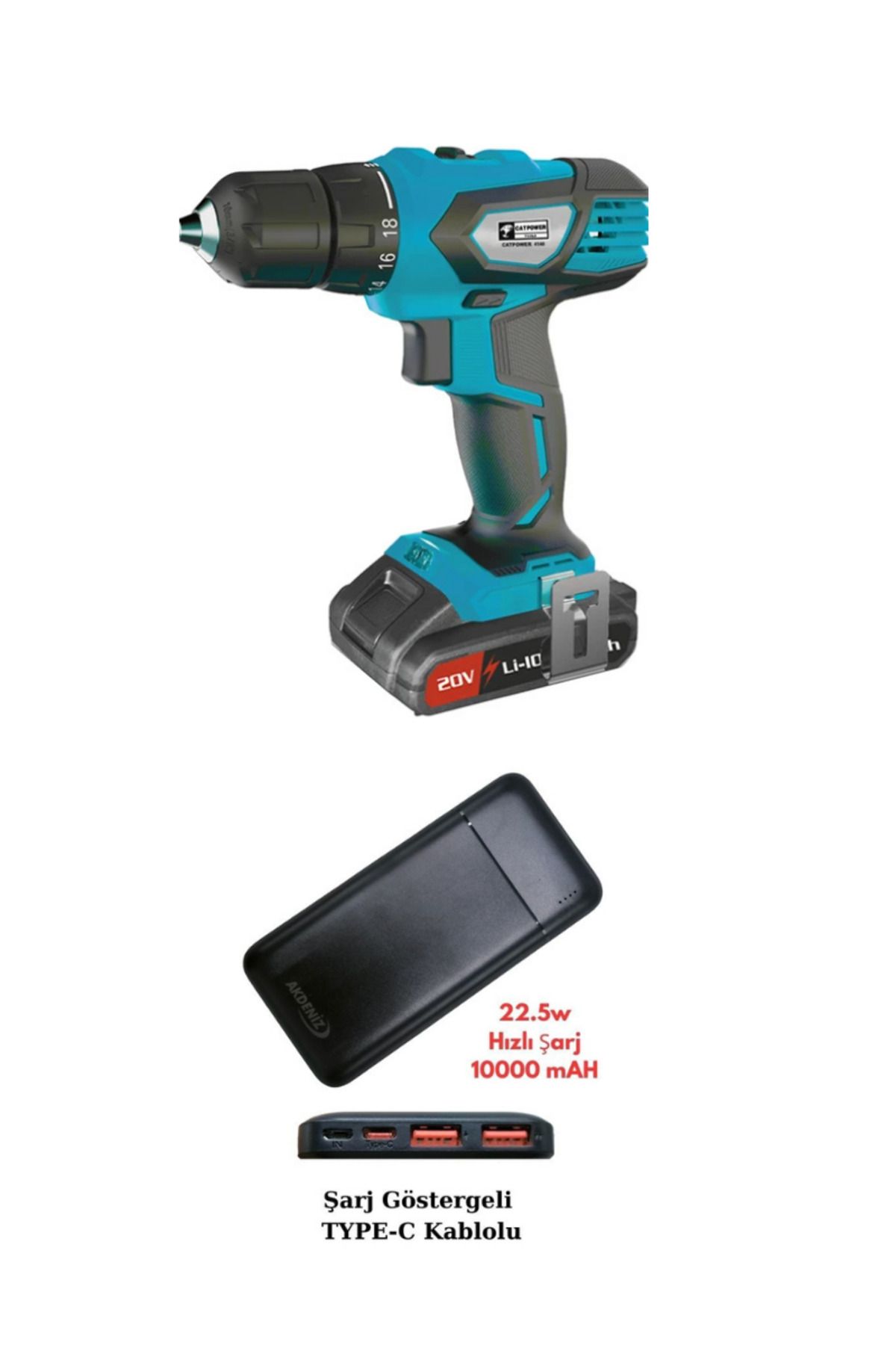 catpowertools Catpower 4140 Şarjlı Matkap 2.2 Ah 20 V Çift Akü+Akdeniz Taşınabilir Şarj Cihazı (Model: S125Q)