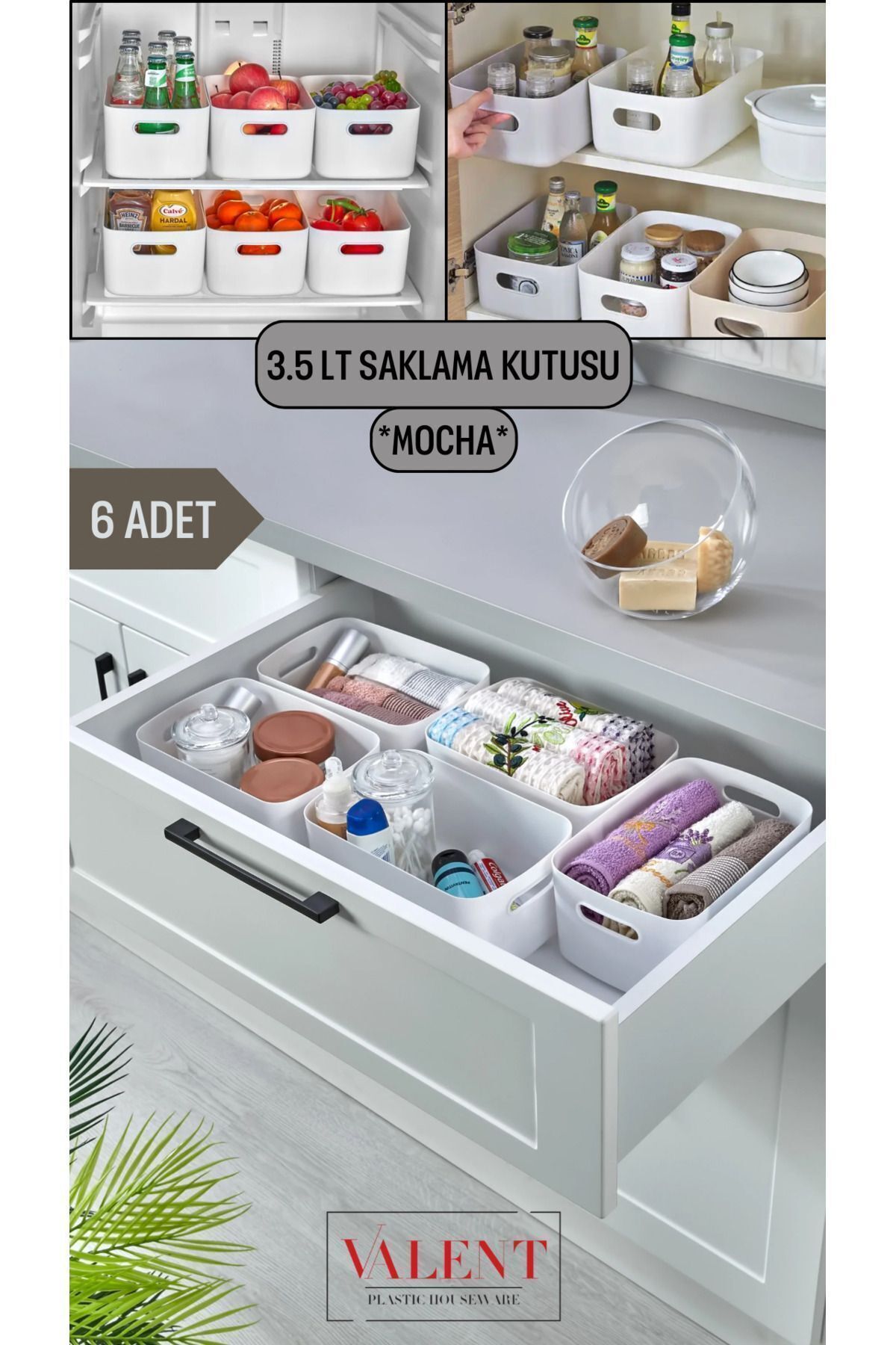 VALENT 6'lı 3.5 Lt Basic Sepet, Dolap Içi, Buzdolabı Düzenleyici, Banyo Organizer