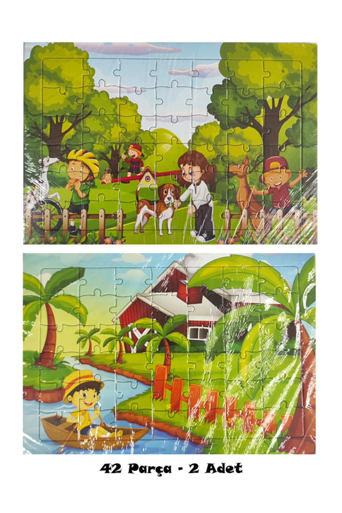 BEYHAN BAYHAN 2 Adet 42 Parça Karton Yapboz Puzzle 4-5 Yaş - Ormanda Köpek ve Kayıkta Çocuk - 33x23 Cm - 1