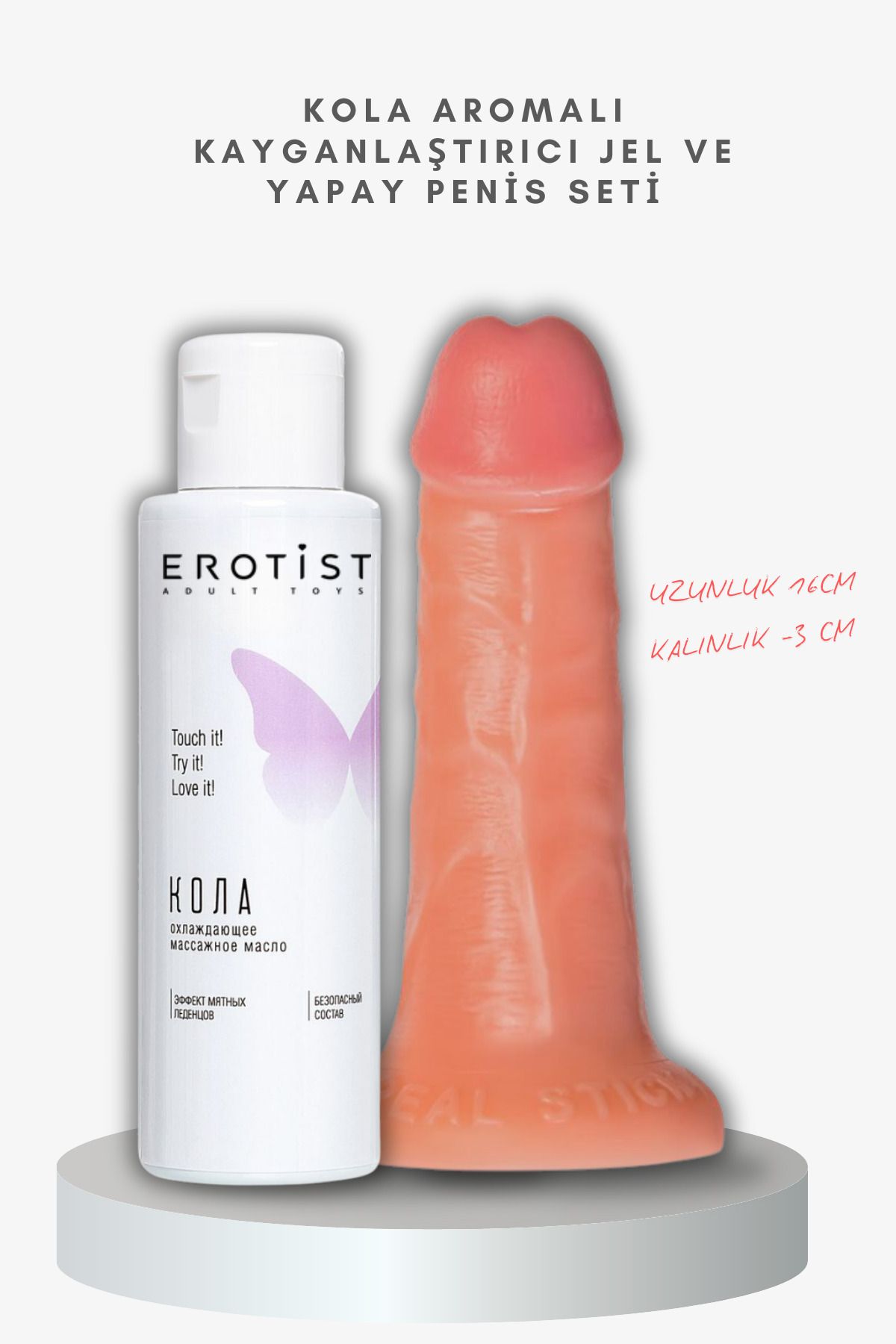 Erotist Kola Aromalı Kayganlaştırıcı Jel ve Caliber 16 cm Yapay Penis Seti - Strapon Uyumlu, 3 cm Çap