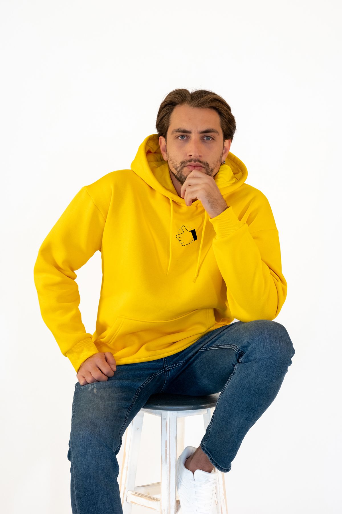 TEVOOY Unisex Oversize Kapşonlu tasarım Sweatshirt Thumbs Up Beğeni Baskılı içiTüylü Şardonlu SARI