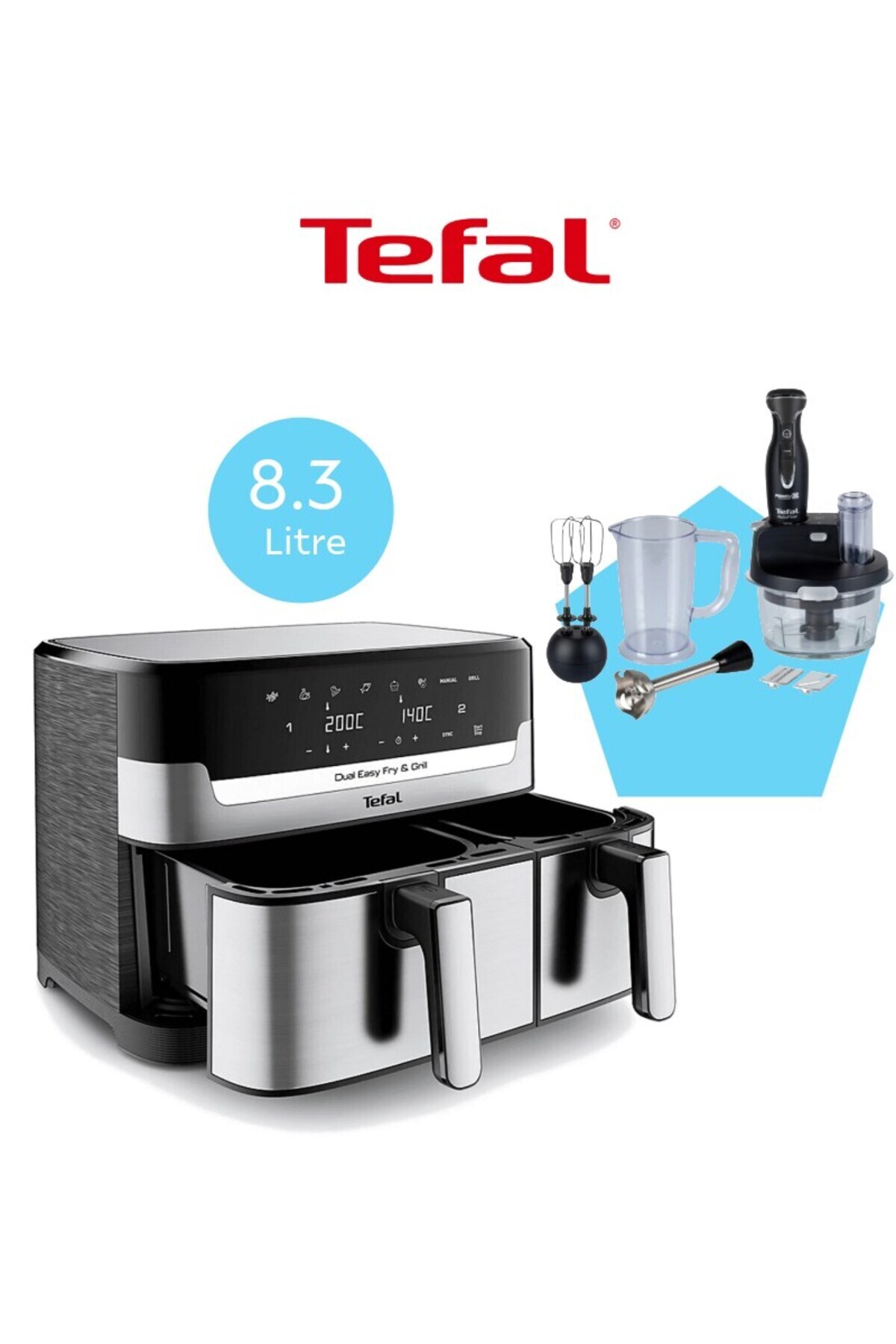 TEFAL Çift Hazneli Easy Fry & Grill Dual Yağsız 8.3 Litre Fritöz ve Tefal 1500W Cam Hazneli robot Airfryer