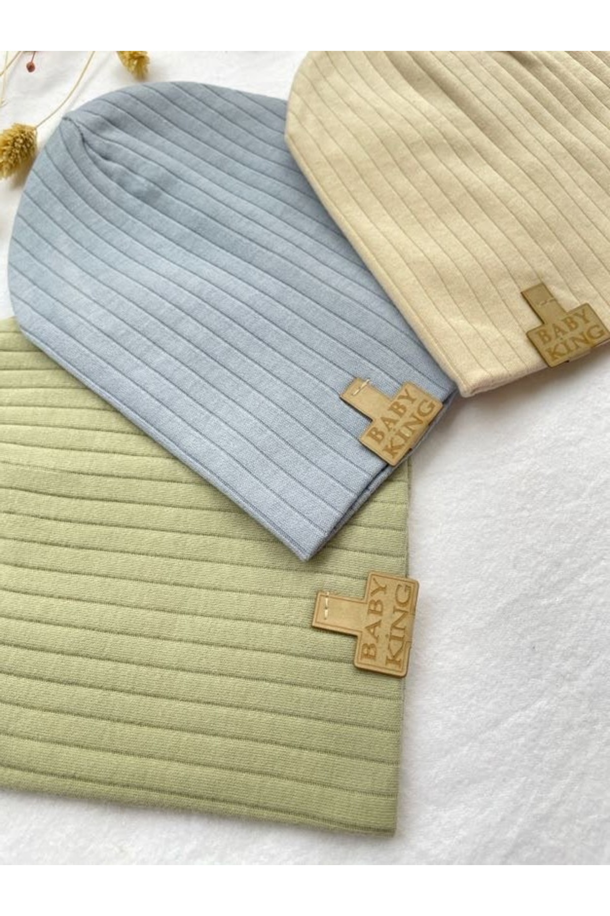 MASALBABY 3'lü Organik Pamuk Penye Bebek Şapka Bere Takım (Ağız mendili hediye) Mavi Yeşil Bej Renk fotoğrafı 3 (önizleme)