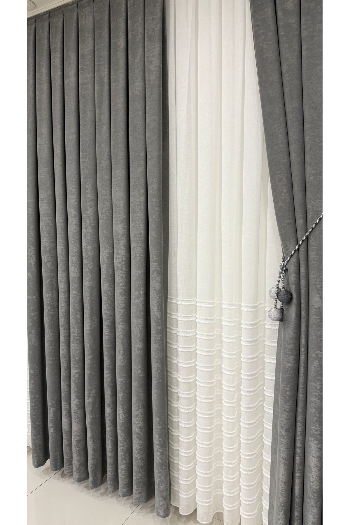 Fon Dünyası-Velvet Textured Luxury Background Curtain Gray Tight Pleat (Single Wing) 4