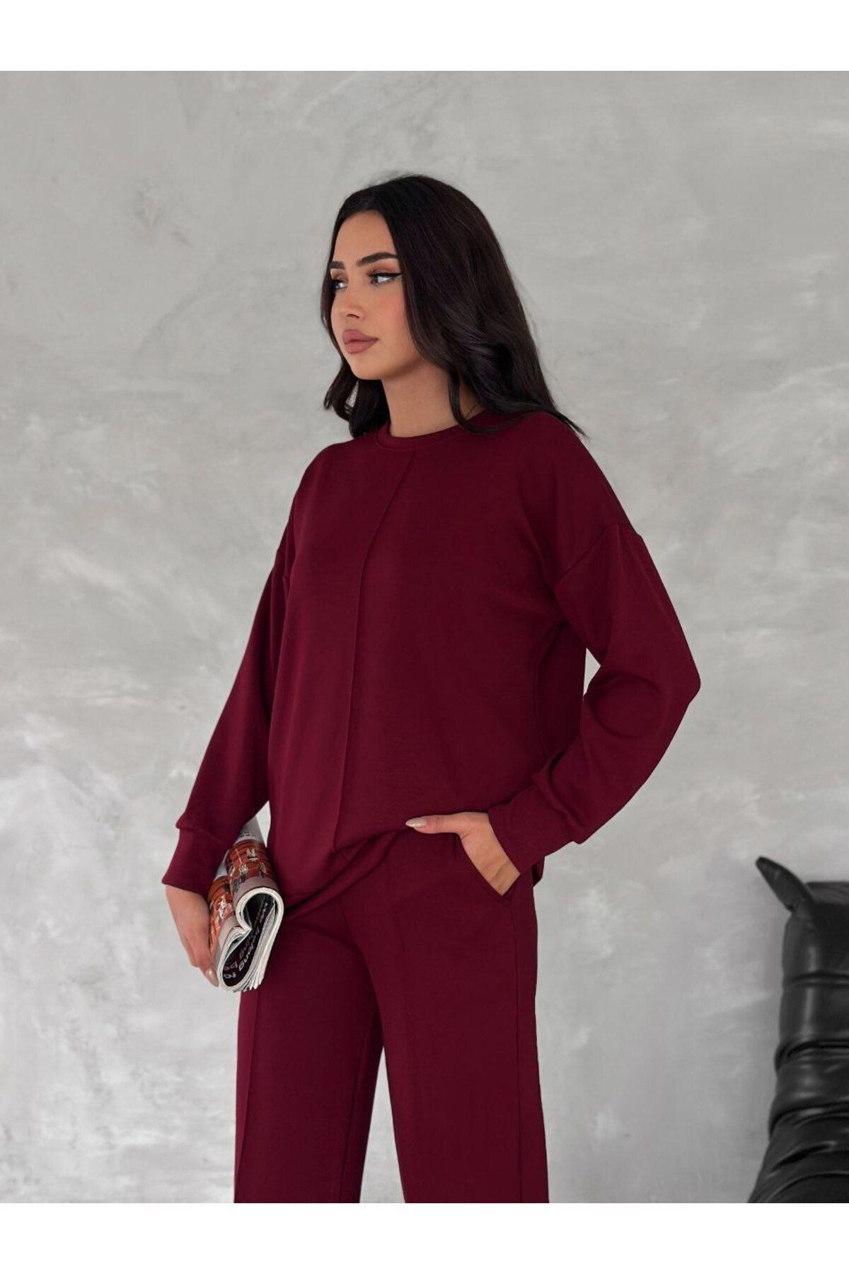 02Lady Fashion TERS DİKİŞ DETAYLI MODAL KUMAŞ GENİŞ PAÇA EŞOFMAN TAKIM