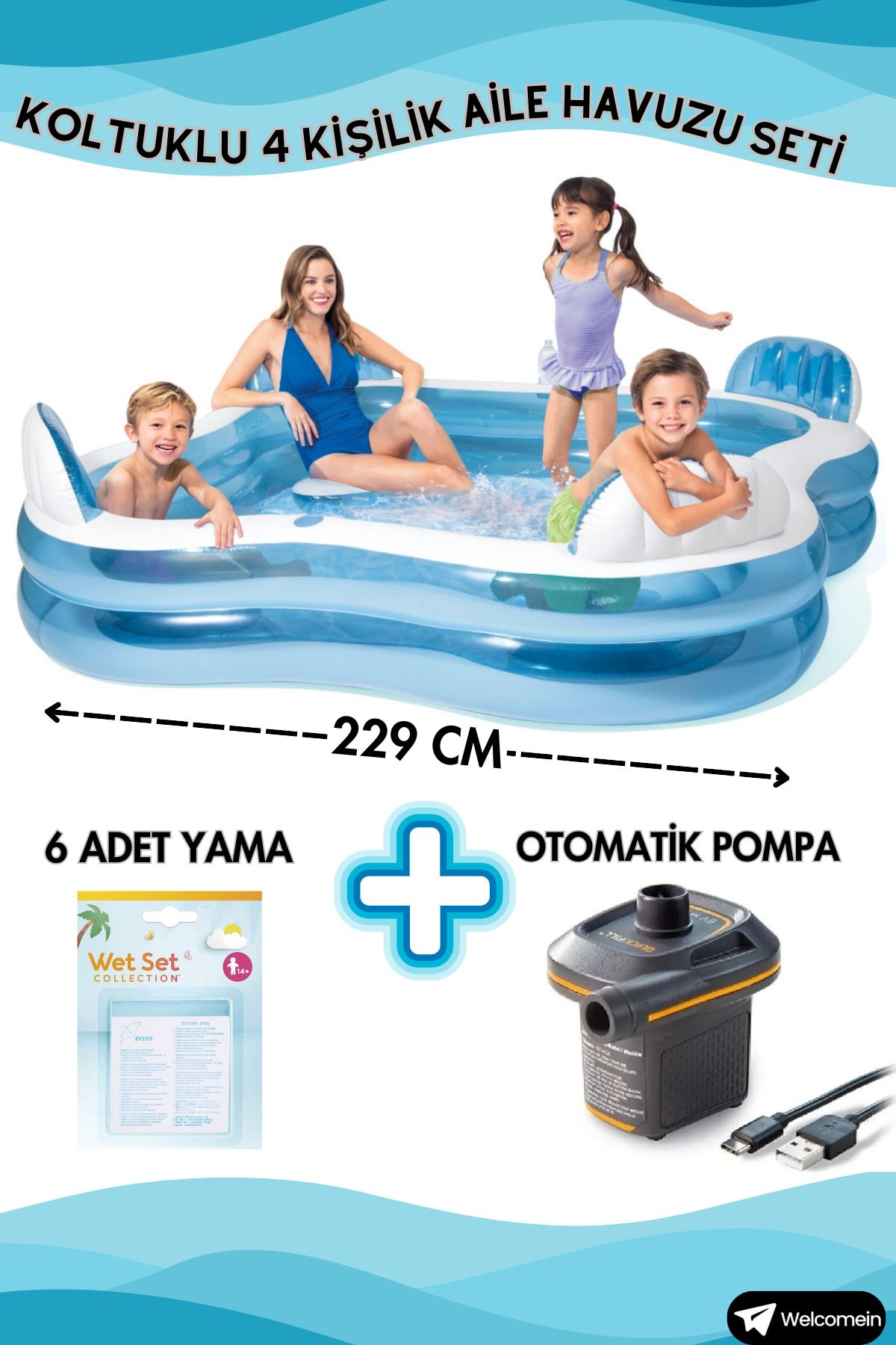 welcomein Koltuklu Şişme Aile Havuzu Setİ - Elektrikli Otomatik Pompa + Yama Set 4  Kişilik 229x229x66