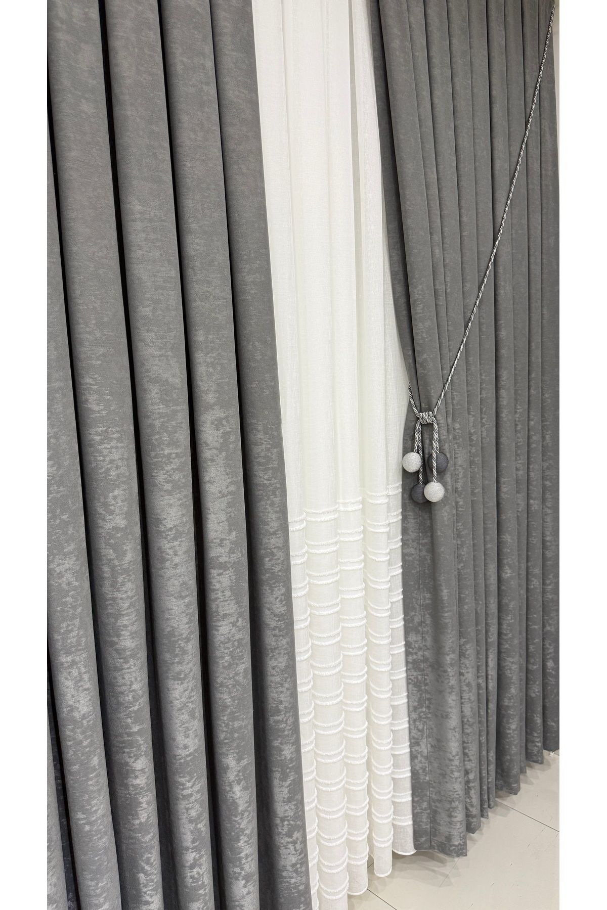 Fon Dünyası-Velvet Textured Luxury Background Curtain Gray Tight Pleat (Single Wing) 3