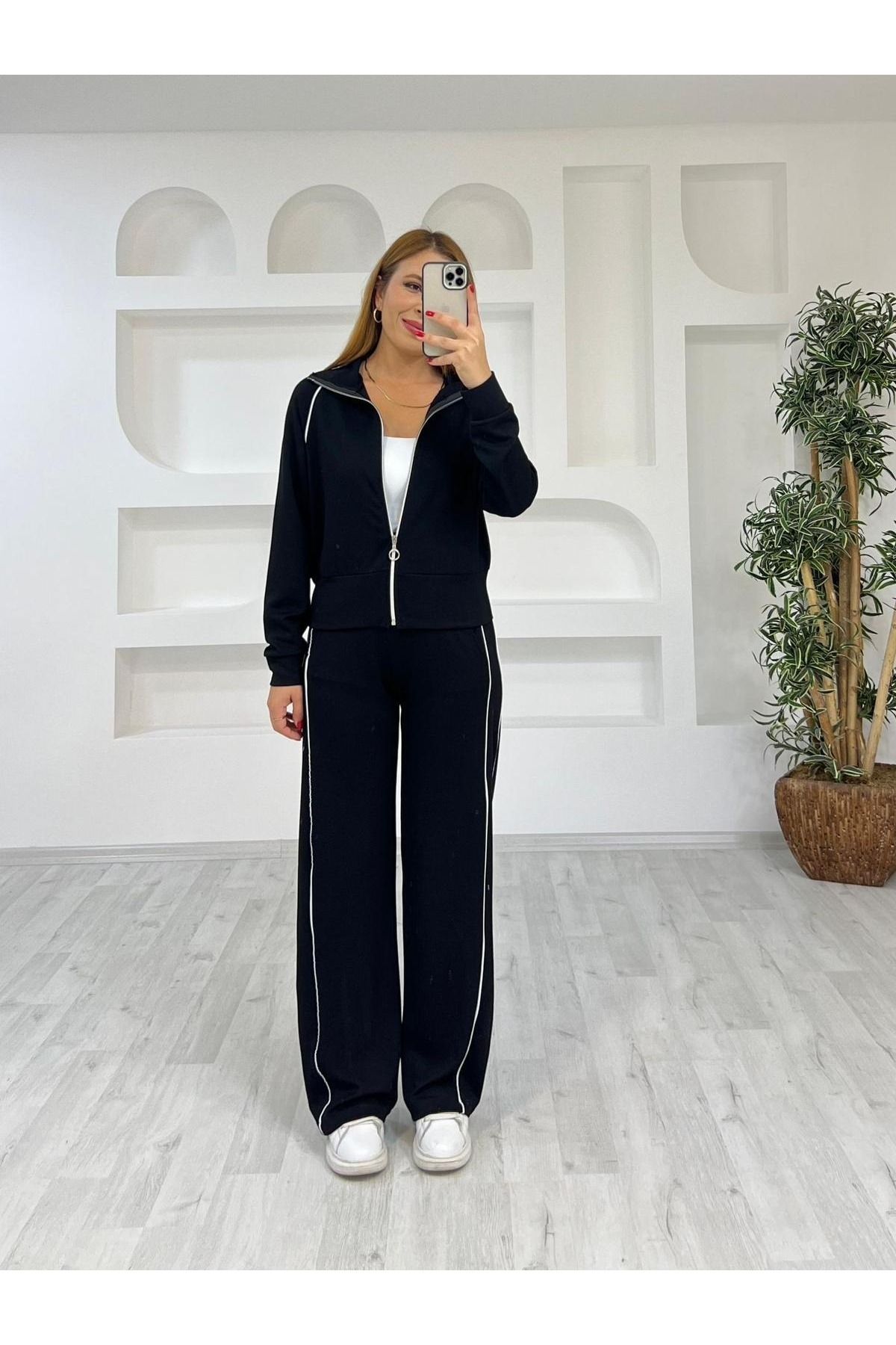 02Lady Fashion Modal Kumaş şeritli geniş paça fermuarlı  Eşofman Takımı