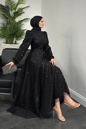 MERVEN AKYÜZ Hilly Kolları Fiyonk Saten Abiye Siyah