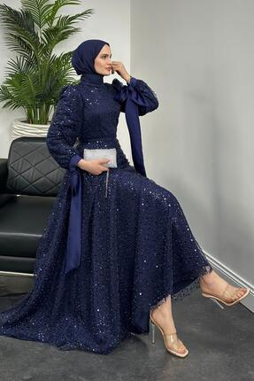 MERVEN AKYÜZ Hilly Kolları Fiyonk Saten Abiye Lacivert