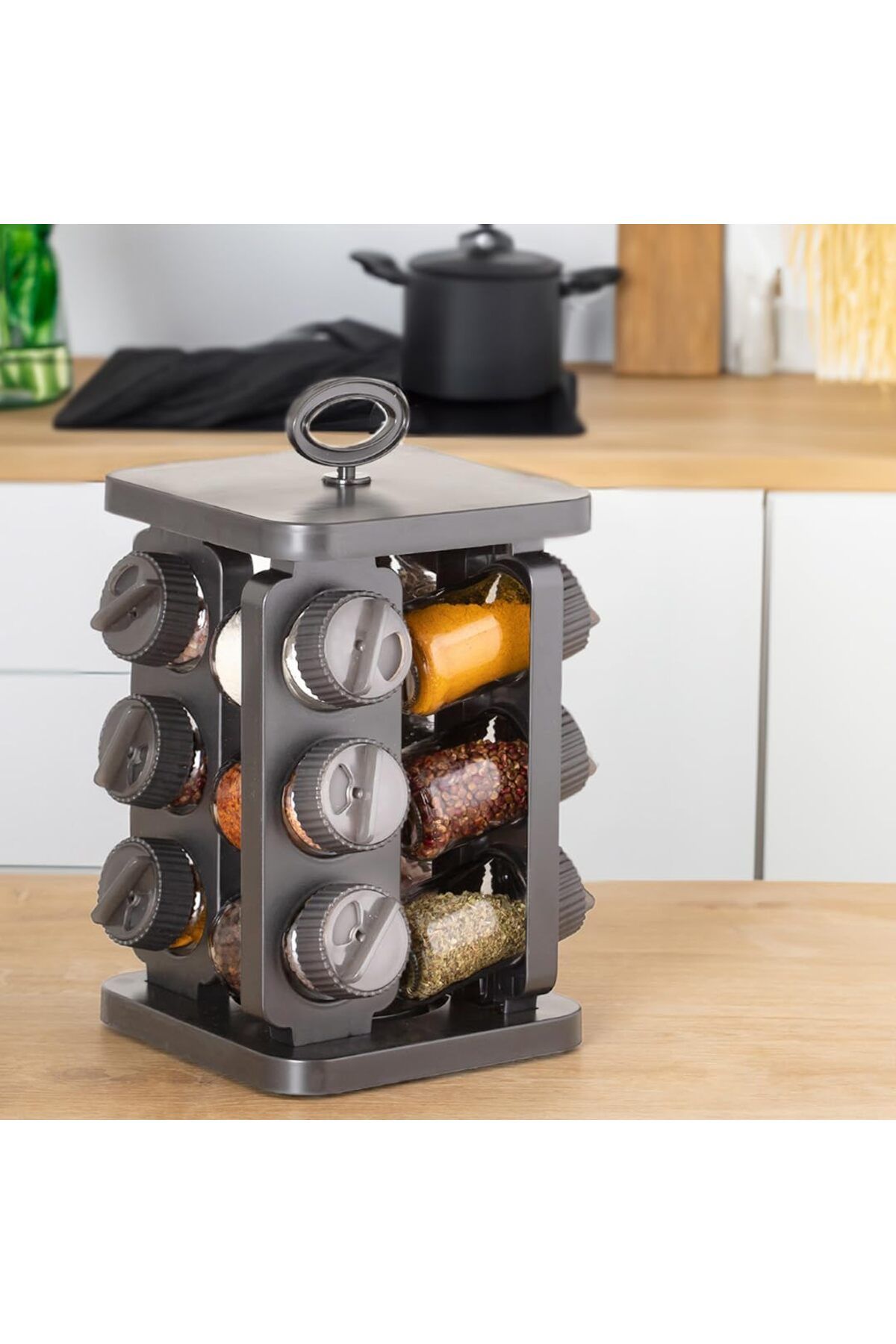 STOREMAX acelya 1083 Kare Prizma Döner Standlı Döner Kapaklı 12'li Cam Baharatlık-Düzenleyici Organizer