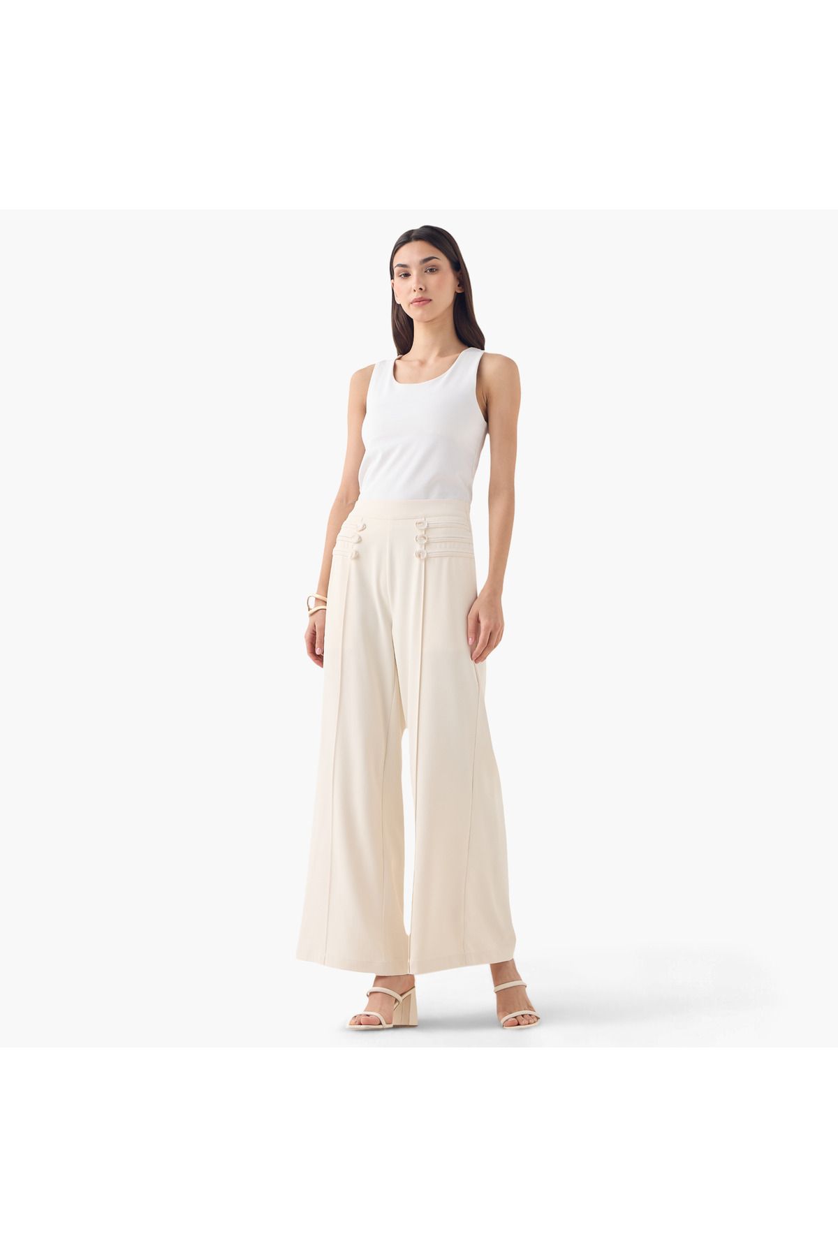 2Xtremz-Button Detail Wide Leg Pants With Pintucks 3