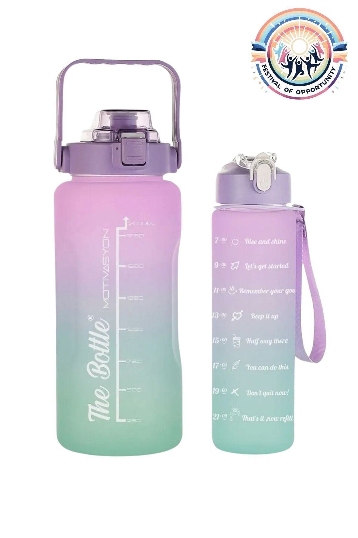 vahik The Bottle Motivasyonel 2li Pipetli Stickerli Su Matarası Su Şişesi Suluk 2 LT + 900 ML