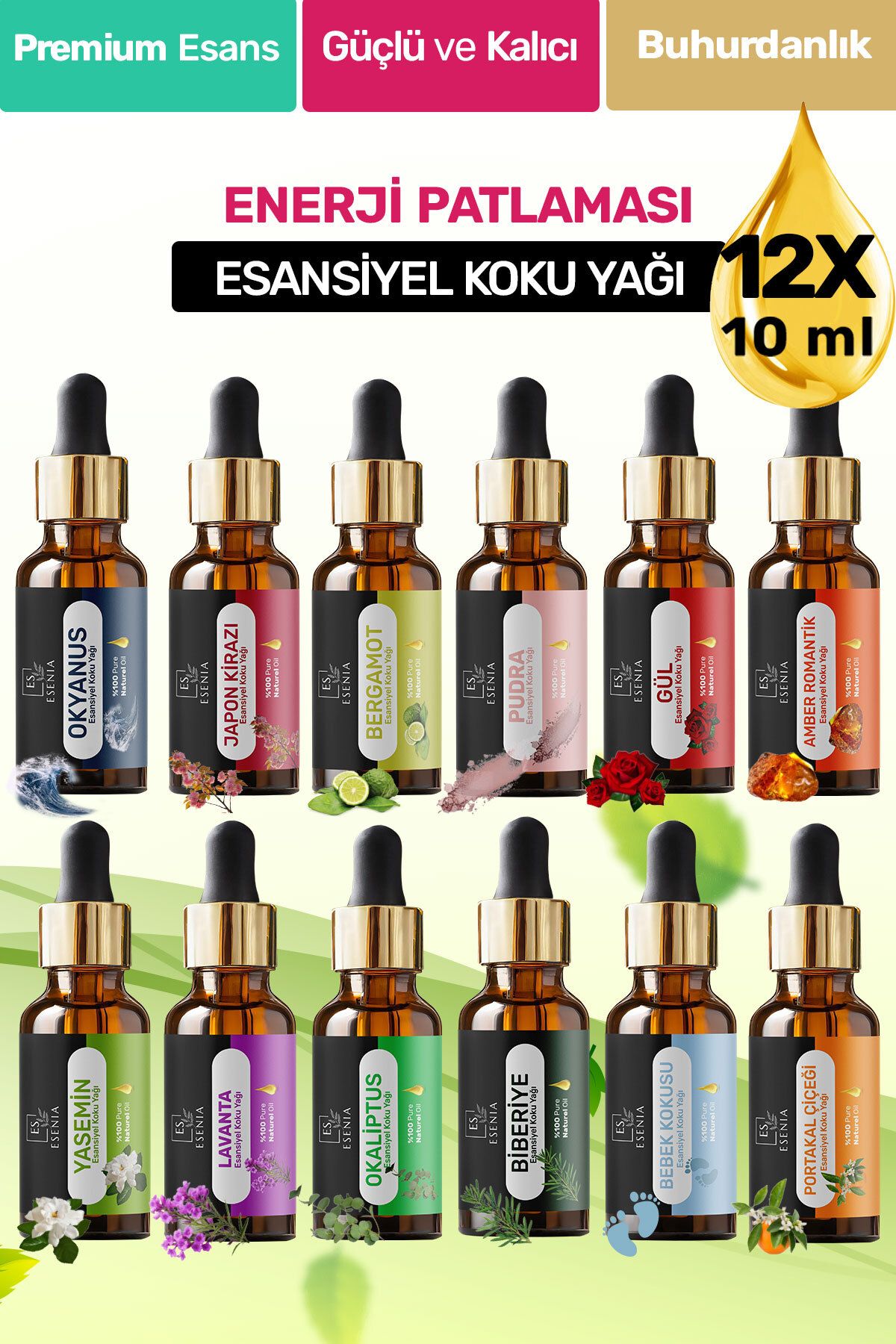 ESENIA 12'lı Set9 Esansiyel Uçucu Yağı Buhurdanlık Difüzör Esansı oda banyo parfümü 10ML x 12