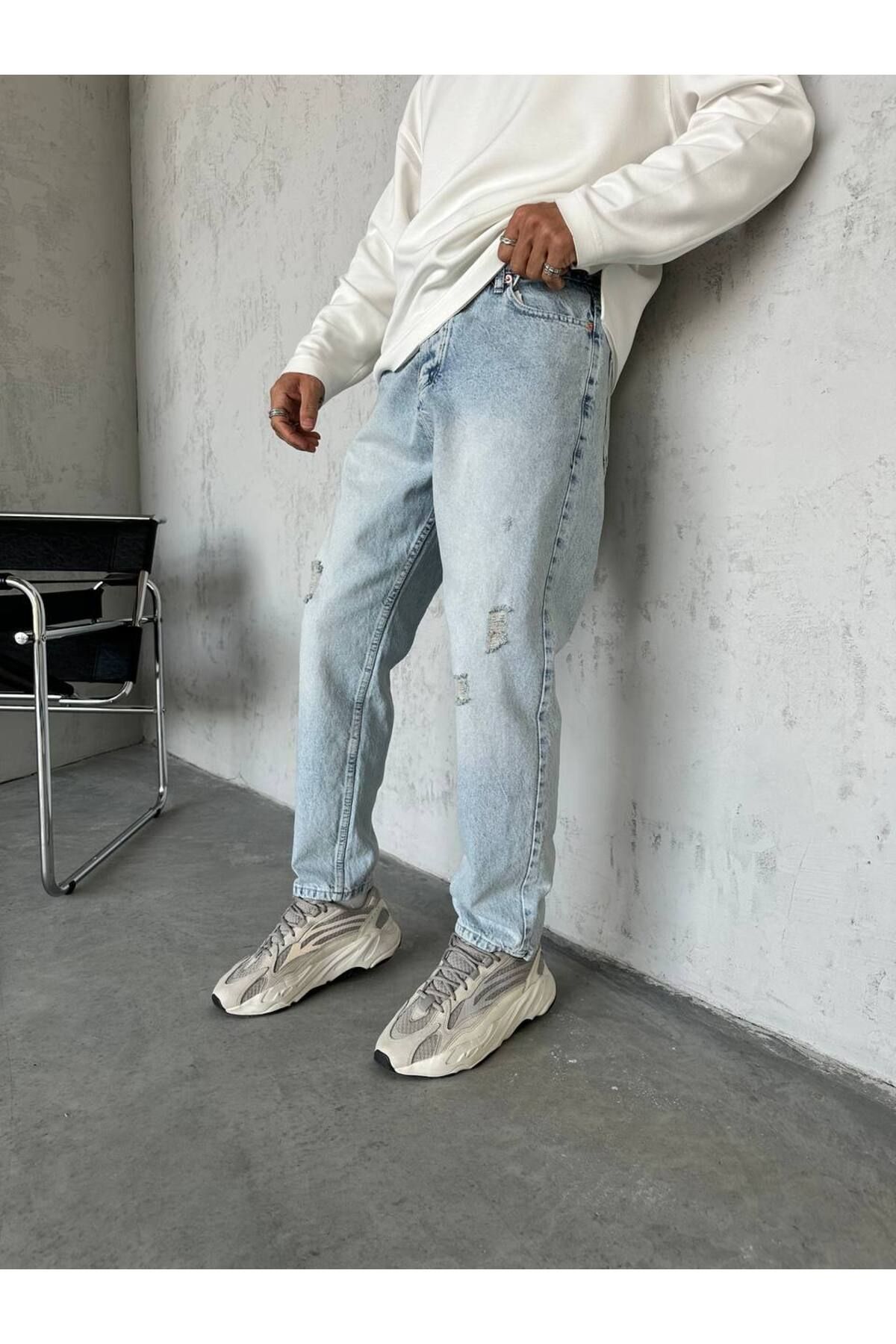 Denim Shorty Boyfriend Açık Mavi Taşlamalı Yırtık Detaylı Kot Pantolon